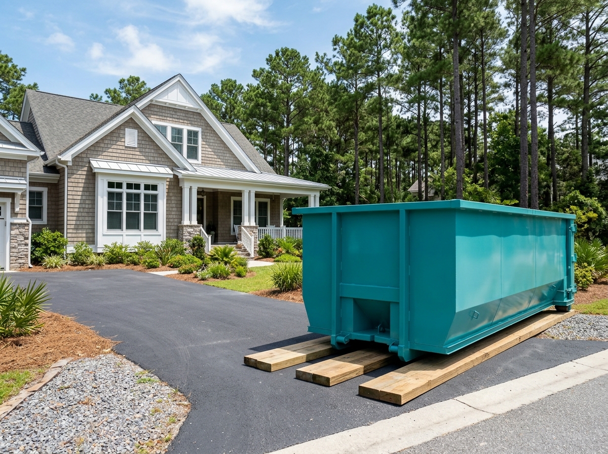 Nexus Dumpster Rolloff Co. unbranded roll-off container placed on Pine Bluff residential driveway